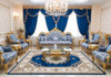 Ornate Blue Patterned Victorian Sofa Set with Heavy Gold Gilding