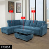 Blue 3-Piece Flannel-Leather Sectional with Left-Facing Chaise Storage Ottoman