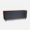 Frederick 4-Door Buffet - Dark Navy Faux Belgian Linen and Burnt Umber Mappa Burl