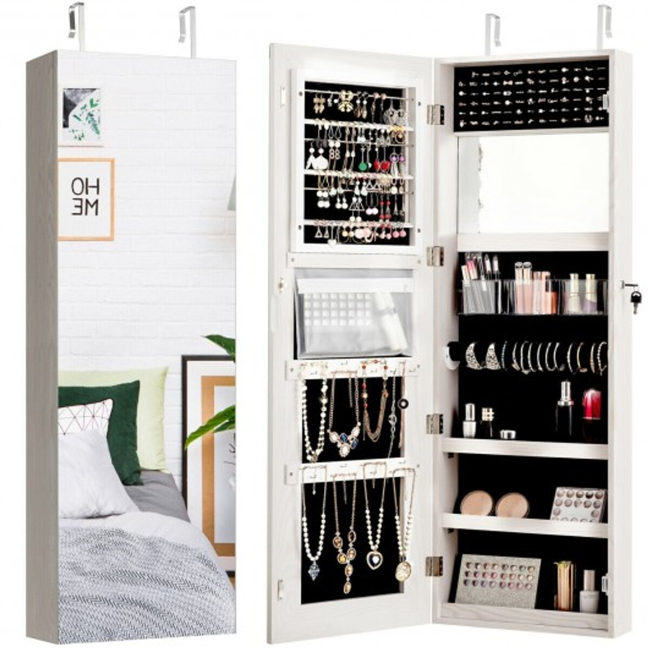 Mirrored Lockable Standing Jewelry Storage Organizer-White