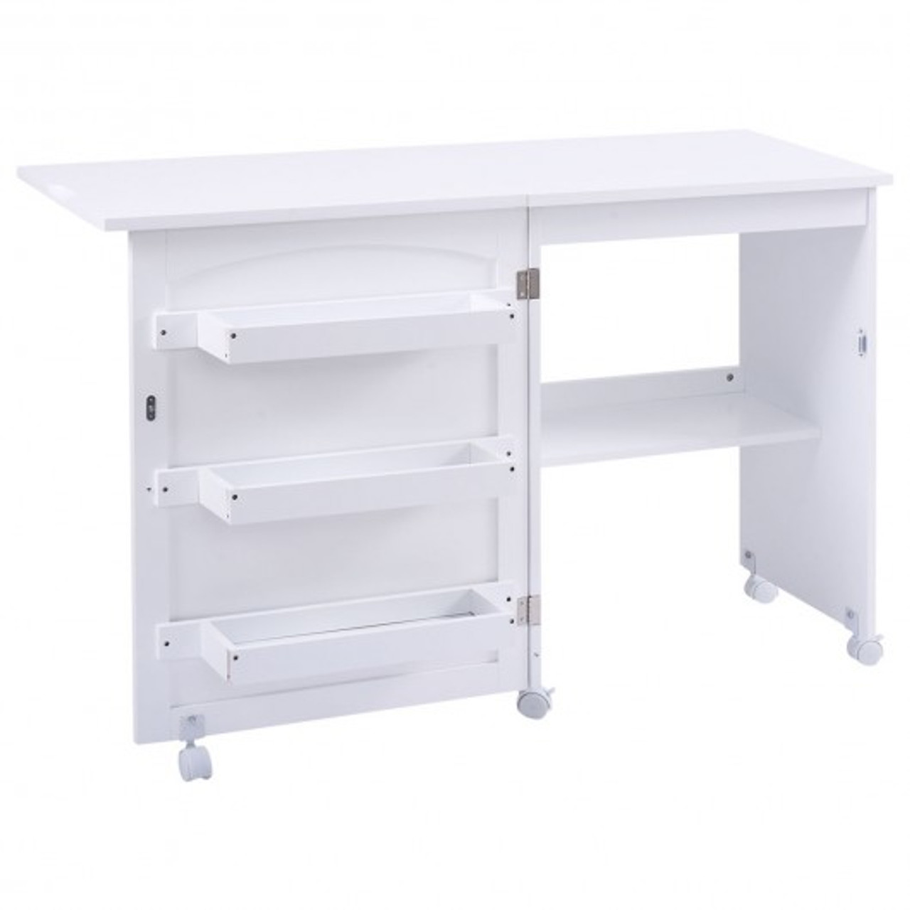 Gymax Folding Sewing Table Shelves Storage Cabinet Craft Cart W/Wheels  Large White/Natural