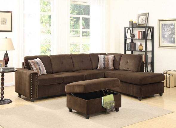 79" X 33" X 36" Chocolate Velvet Reversible Sectional Sofa With Pillows