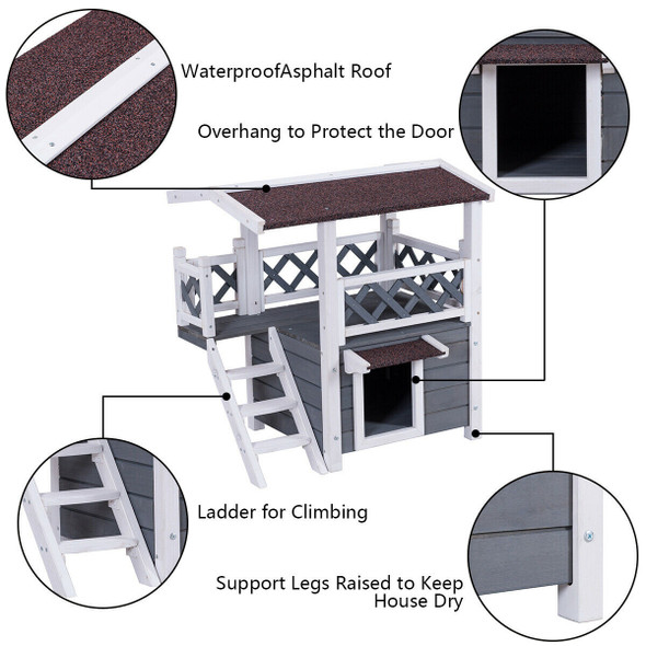 2-Story Outdoor Weatherproof Wooden Cat House