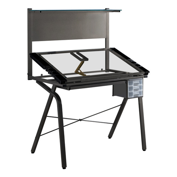 25.5" x 40.75" x 55.75" Grey, Clear, Metal, Glass, Plastic, Tempered Glass - Drafting Table - Adjustable