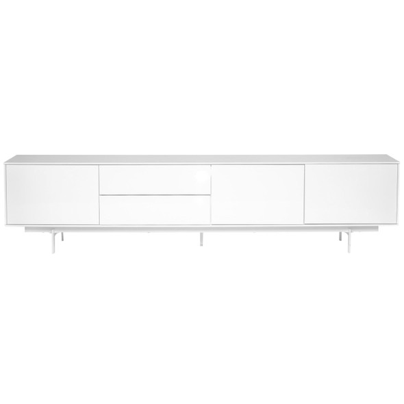 82.09" X 17.72" X 19.69" Media Stand in High Gloss White Lacquer with White Steel Base