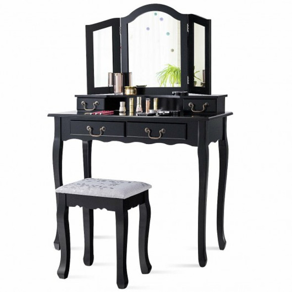 Tri Folding Mirror Makeup Dressing Vanity Set with 4 Drawers-Black