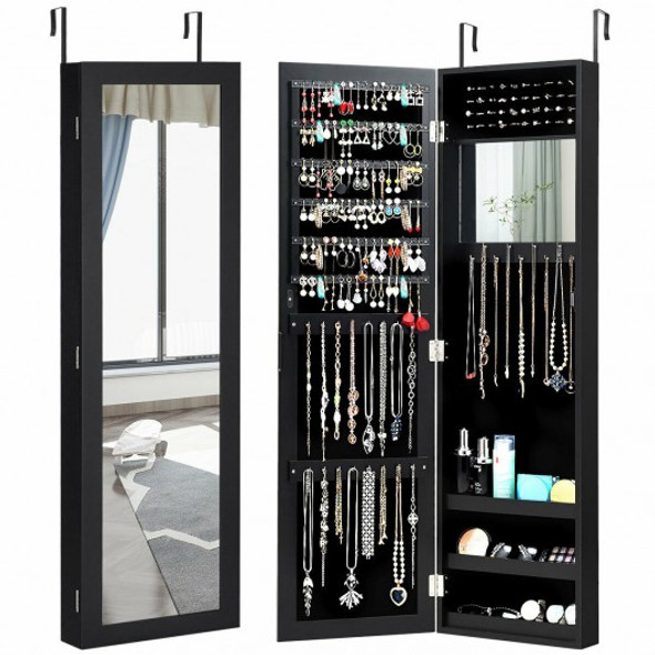 Wall Door Mounted Mirrored Jewelry Cabinet Storage Organizer-Black