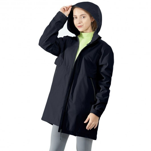 Hooded  Women's Wind & Waterproof Trench Rain Jacket-Navy-L