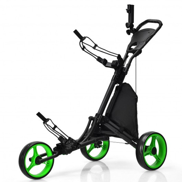 Folding 3 Wheels Golf Push Cart with Bag Scoreboard Adjustable Handle -Green