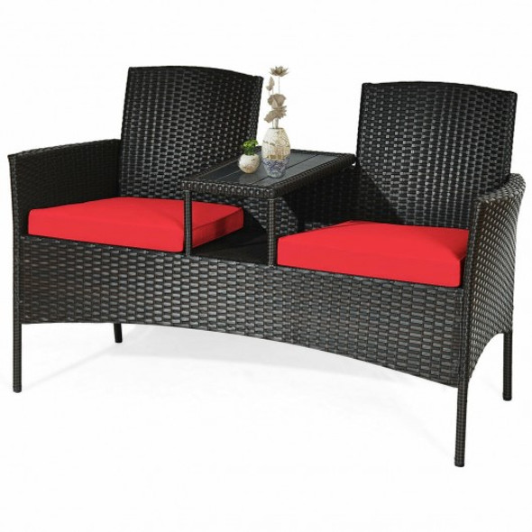 Modern Patio Conversation Set with Built-in Coffee Table and Cushions -Red