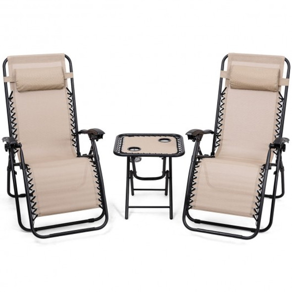 3 Pieces Folding Portable Zero Gravity Reclining Lounge Chairs Table Set-Beige