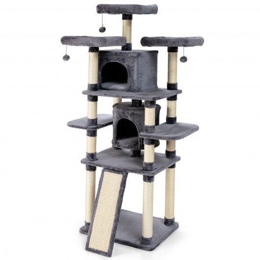 67" Multi-Level Cat Tree with Cozy Perches Kittens Play House-Light Gray