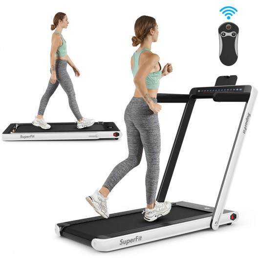 2-in-1 Electric Motorized Health and Fitness Folding Treadmill with Dual Display and Bluetooth Speaker-White