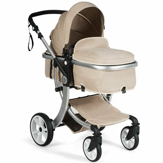 Folding Aluminum Infant Reversible Stroller with Diaper Bag-Beige