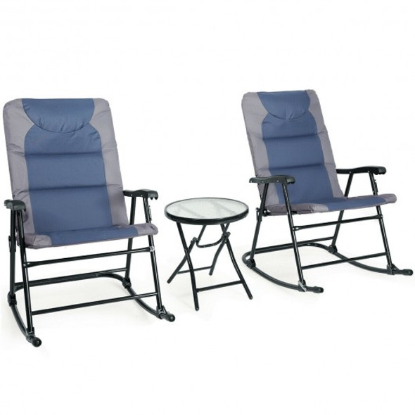 3 Pcs Outdoor Folding Rocking Chair Table Set with Cushion-Blue