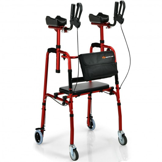 Folding Auxiliary Walker Rollator with Brakes Flip-Up Seat Bag Multifunction-Red