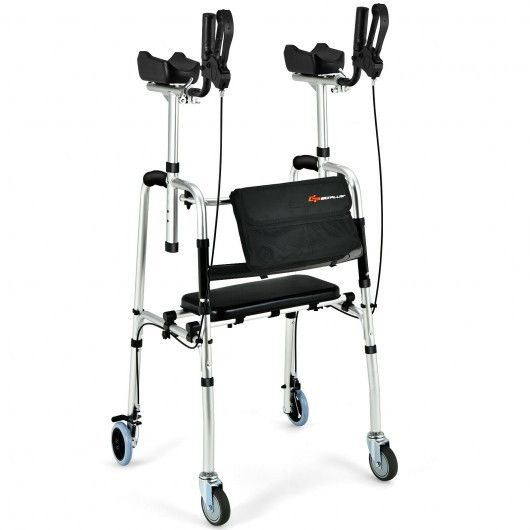 Folding Auxiliary Walker Rollator with Brakes Flip-Up Seat Bag Multifunction-Silver