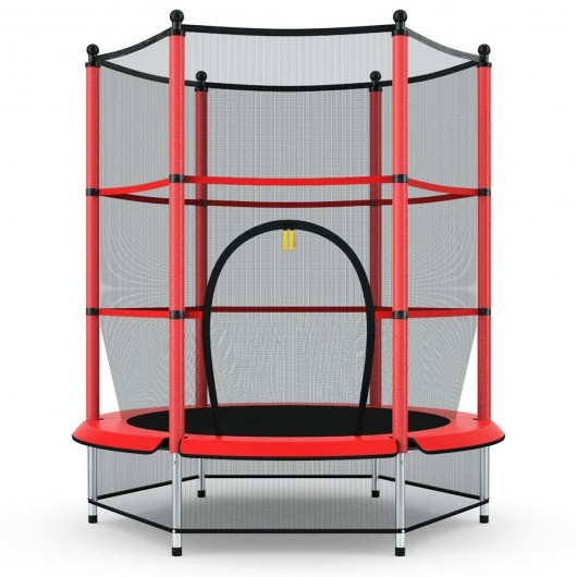 55" Youth Jumping Round Trampoline with Safety Pad Enclosure-Red