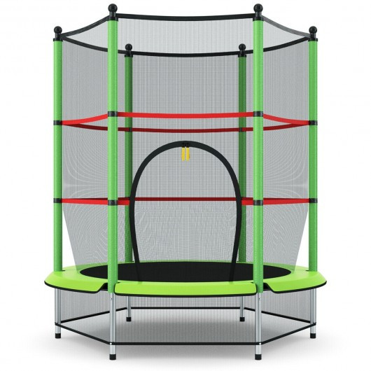 55" Youth Jumping Round Trampoline with Safety Pad Enclosure-Green
