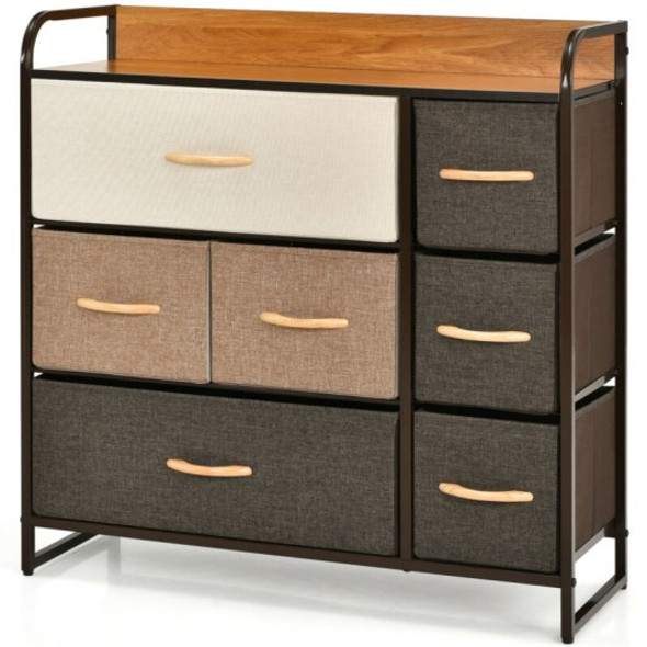 7 Drawer Tower Steel Frame and Wooden Top Dresser Storage Chest for Bedroom