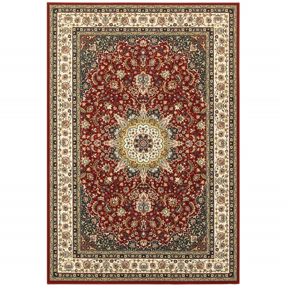 7' x 10' Red Ivory Machine Woven Oriental Indoor Area Rug