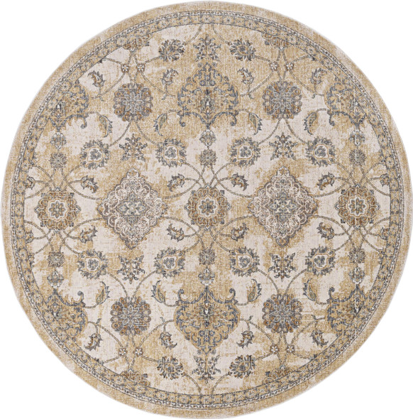9' Ivory Sand Machine Woven Bordered Floral Vines Round Indoor Area Rug