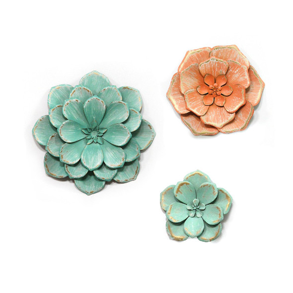 Set of 3 Distressed Stunning Tricolor Metal Flowers