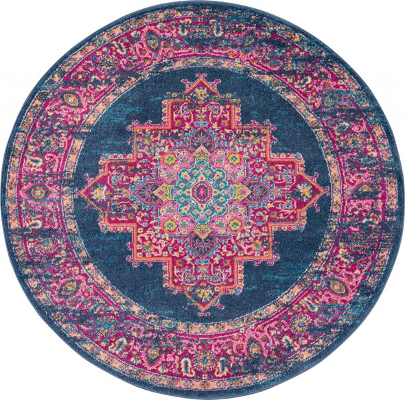 4 Round Blue and Pink Medallion Area Rug