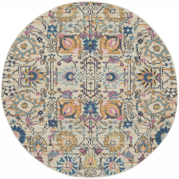 5 Round Ivory and Multicolor Floral Buds Area Rug