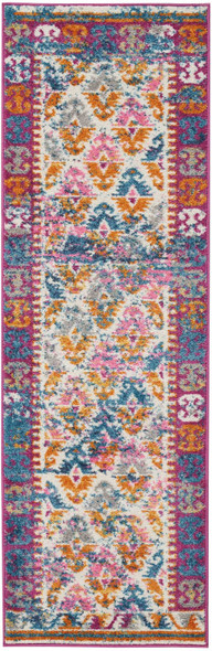 2 x 6 Ivory and Magenta Tribal Pattern Runner Rug
