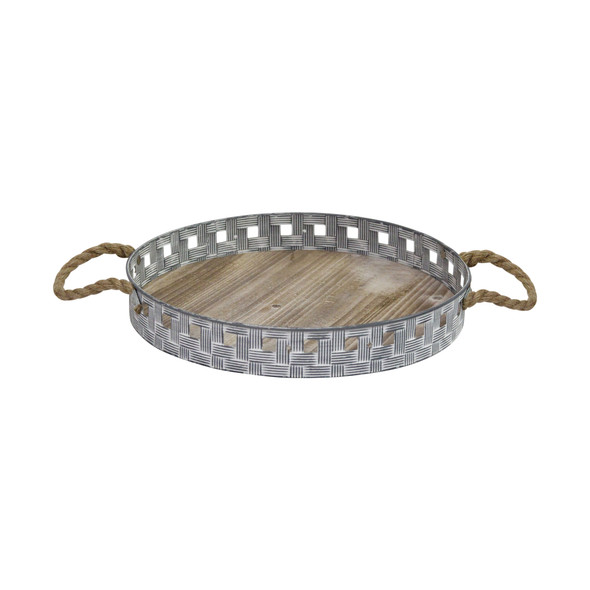 16" Rustic Round Grey Wash Metal and Wood Tray