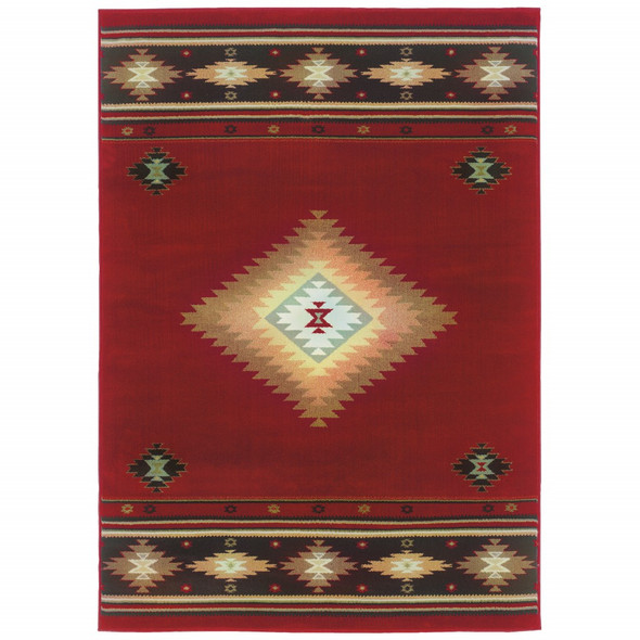 7 x 10 Red and Beige Ikat Pattern Area Rug