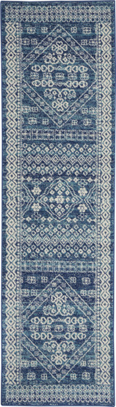 2 x 8 Navy Blue and Ivory Persian Motifs Runner Rug