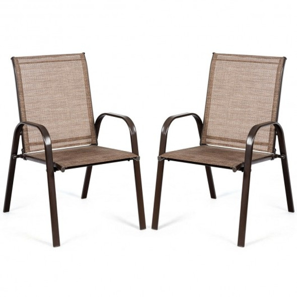 2 Pcs Patio Chairs Outdoor Dining Chair with Armrest-Brown
