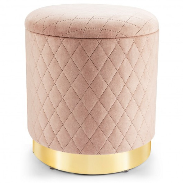 Round Storage Ottoman with Exquisite Pattern and Golden Metal Base for Living Room and Bedroom-Pink