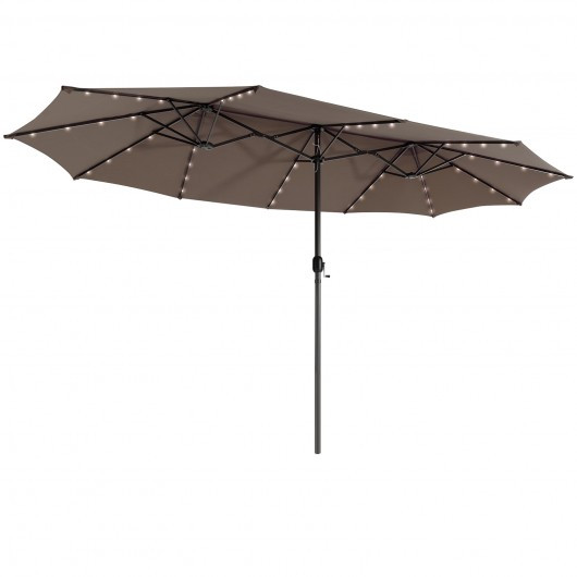 15 Feet Twin Patio Umbrella with 48 Solar LED Lights-Coffee