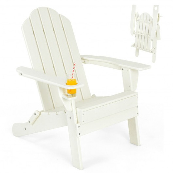 Patio Folding Adirondack Chair with Built-in Cup Holder-White