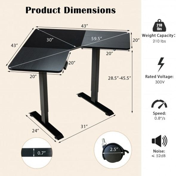 L-shaped Electric Standing Desk with 4 Memory Positions and LCD Display-Black