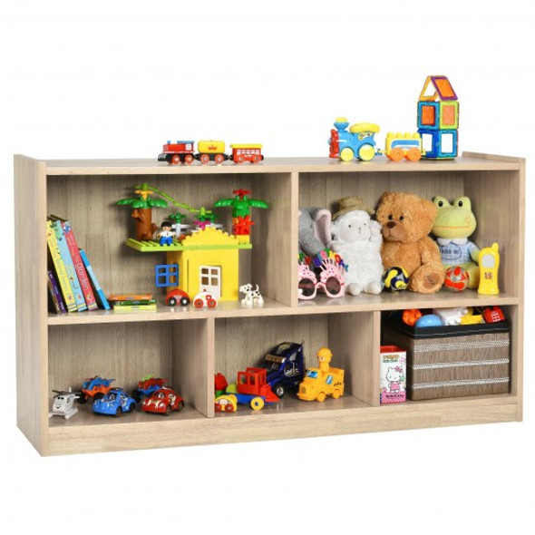 Kids 2-Shelf Bookcase 5-Cube Wood Toy Storage Cabinet Organizer-Natural