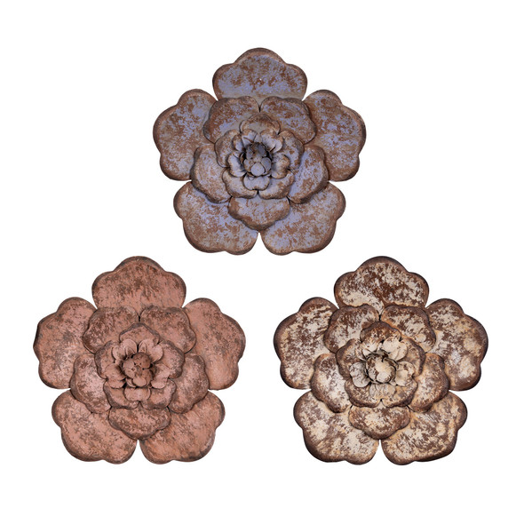 Set of Three Distressed Metal Flower Wall Decor