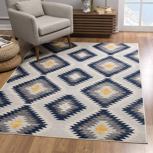 2 x 15 Blue and Gray Kilim Pattern Runner Rug