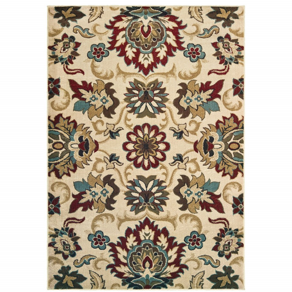 7x9 Ivory and Red Floral Vines Area Rug