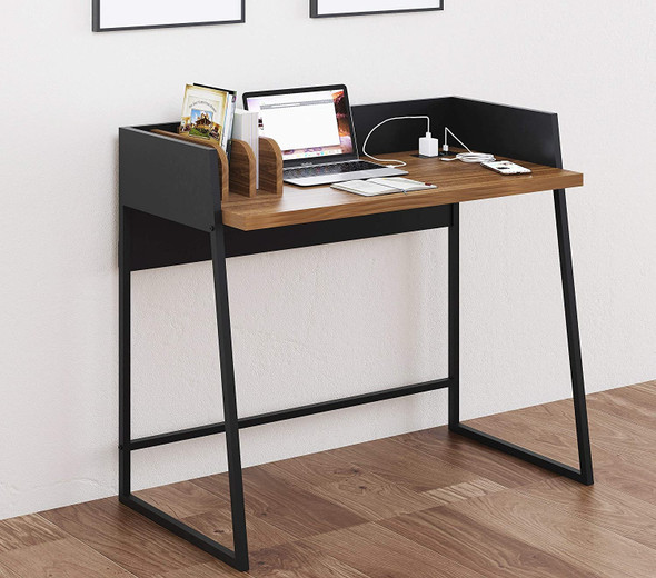 Contemporary Brown and Black Computer And Writing Desk with USB Port