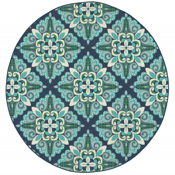 8 Round Blue and Green Floral Indoor Outdoor Area Rug