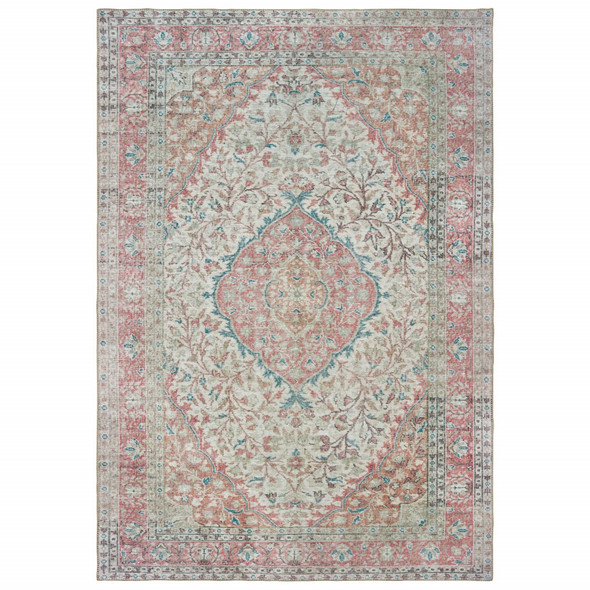8x12 Ivory and Pink Oriental Area Rug