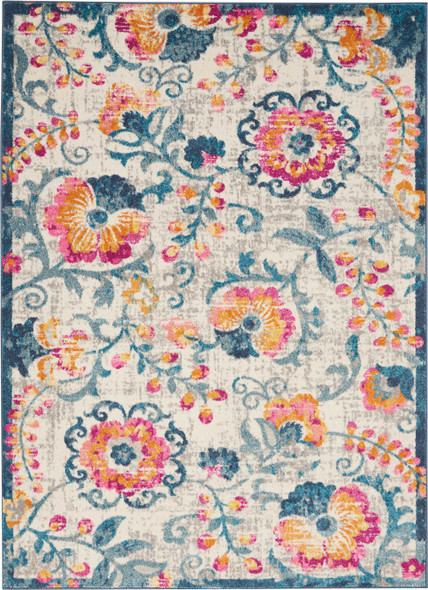 5 x 7 Ivory and Blue Floral Vines Area Rug