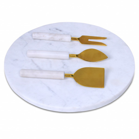 12" Round White Marble Cheese Board and Knife Set