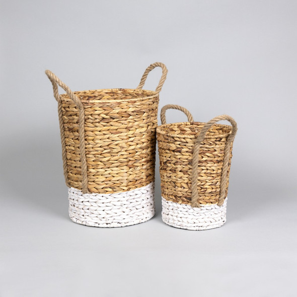 Set of Two Woven White and Natural Wicker Baskets