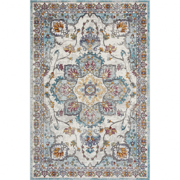 5 x 8 Blue and Ivory Center Medallion Area Rug