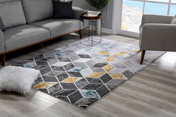 5 x 8 Gray and Gold Cubic Block Area Rug